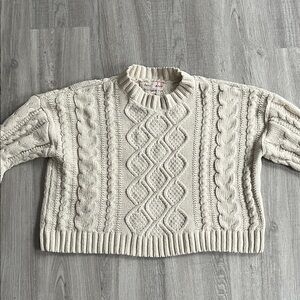 Hazel Moon Cable Knit Cream Cropped Oversize Long Sleeve Sweater